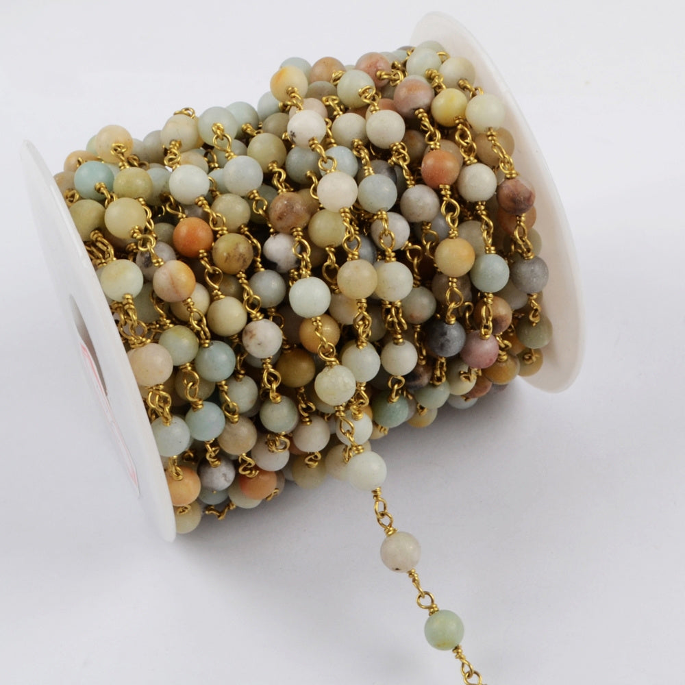 16 feet/lot Gold Plated Brass Natural Amazonite Stone Beads Rosary Chain, Making Jewelry Finding JT225