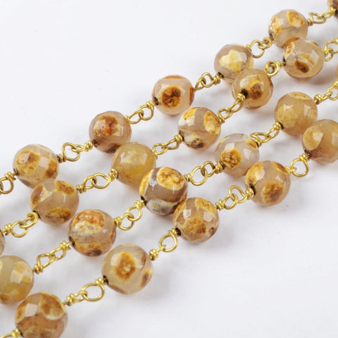 16 feet/lot Gold Plated Brass Tibetan Agate 8mm Stone Beads Rosary Chain, Making Jewelry Finding JT227