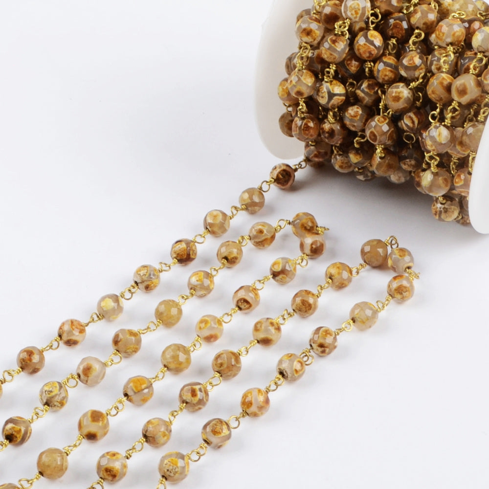 16 feet/lot Gold Plated Brass Tibetan Agate 8mm Stone Beads Rosary Chain, Making Jewelry Finding JT227