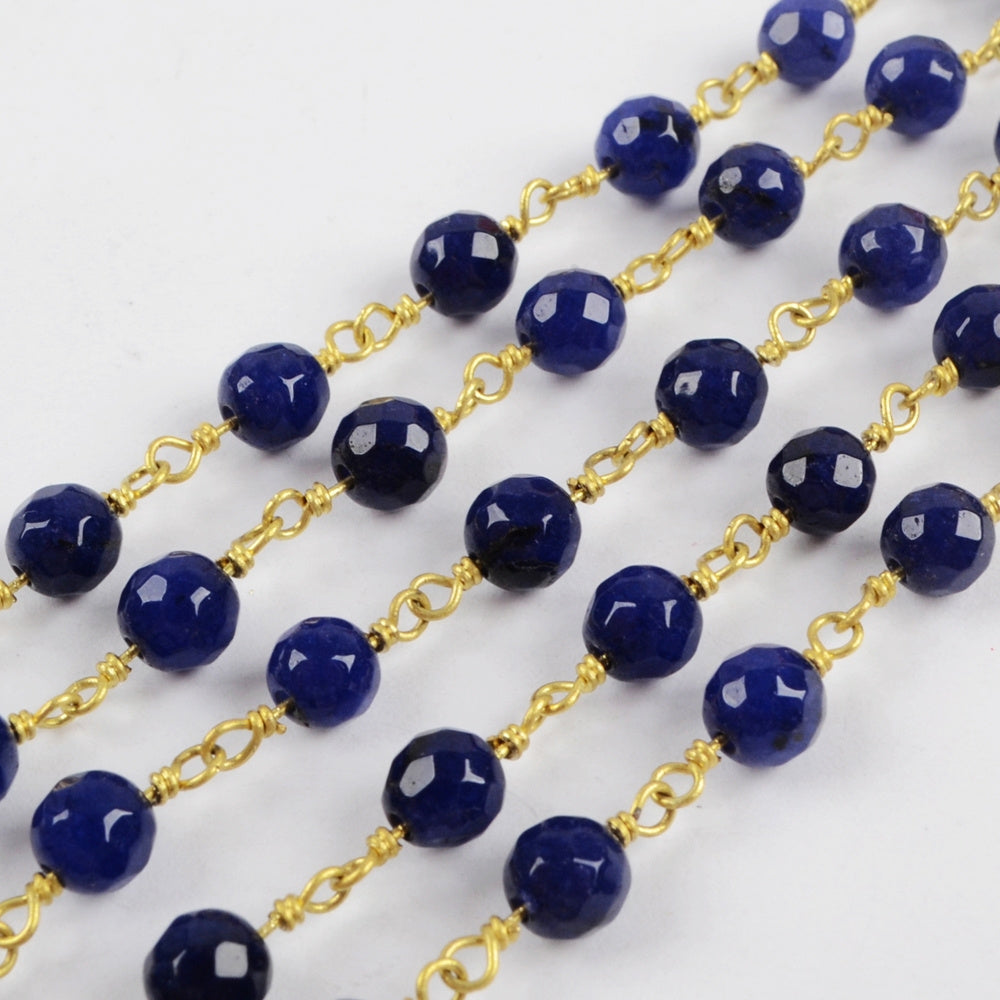 16 feet of Gold Plated Brass Dark Blue Agate 6mm Facted Beads Rosary Chain, Making Jewelry Finding JT229