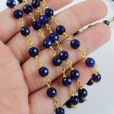 16 feet of Gold Plated Brass Dark Blue Agate 6mm Facted Beads Rosary Chain, Making Jewelry Finding JT229