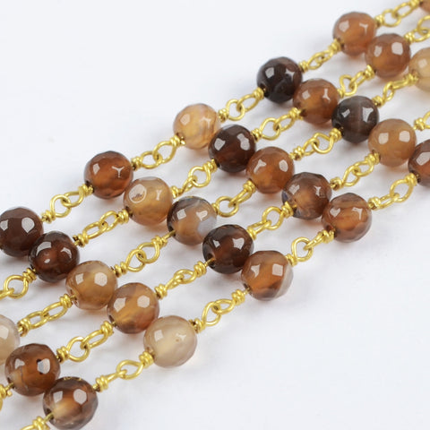 16 feet of Gold Plated Brass Natural Agate 6mm Faceted Beads Rosary Chain, Making Jewelry Finding JT230