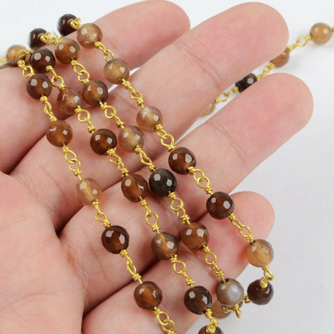 16 feet of Gold Plated Brass Natural Agate 6mm Faceted Beads Rosary Chain, Making Jewelry Finding JT230