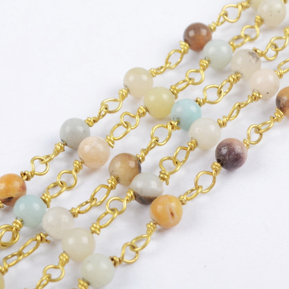 16 feet/lot Gold Plated Brass Natural Amazonite 4mm Stone Beads Rosary Chain, Making Jewelry Finding JT233