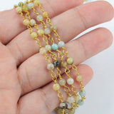 16 feet of Gold Plated Brass Natural Amazonite 4mm Stone Beads Rosary Chain, Making Jewelry Finding JT233