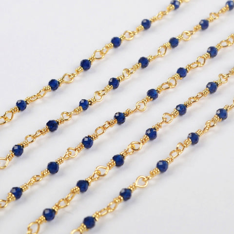 16 Feet of Dark Blue Glass Quartz Faceted Beads Rosary Chains In Gold Plated, DIY Chain Jewelry Finding JT239