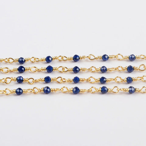 16 Feet of Dark Blue Glass Quartz Faceted Beads Rosary Chains In Gold Plated, DIY Chain Jewelry Finding JT239