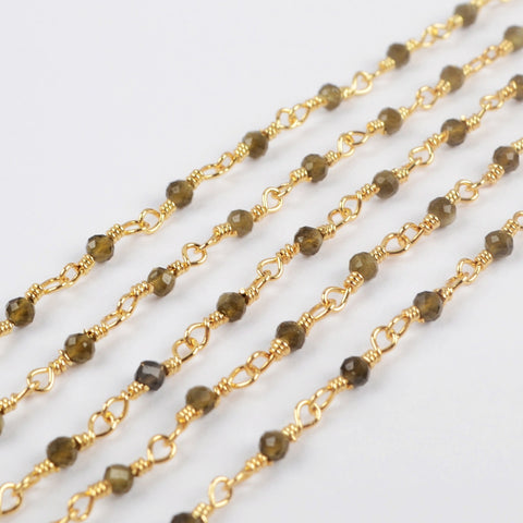 16 Feet of Natural Golden Obsidian Faceted Beads Rosary Chains In Gold Plated, DIY Chain Jewelry Finding JT240