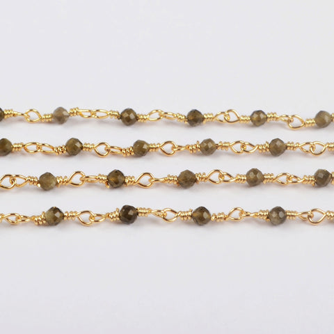 16 Feet of Natural Golden Obsidian Faceted Beads Rosary Chains In Gold Plated, DIY Chain Jewelry Finding JT240