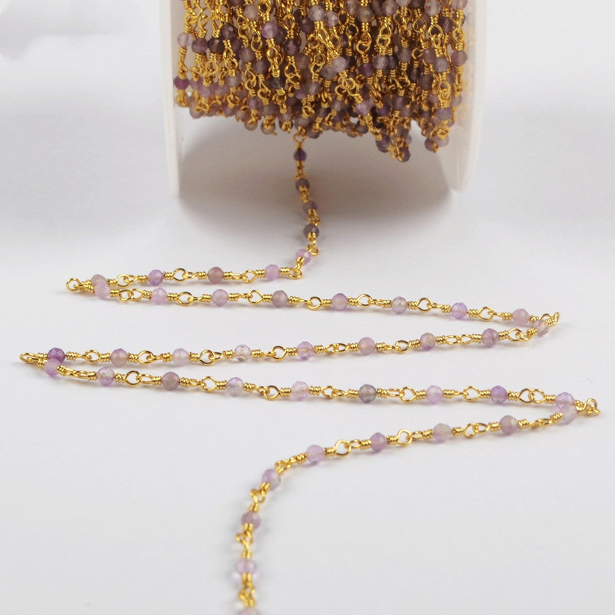 16 Feet of Natural Amethyst Faceted Beads Rosary Chains In Gold Plated, DIY Chain Jewelry Finding JT243