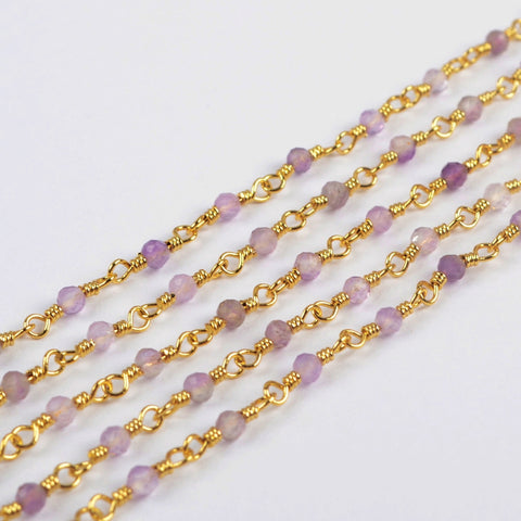 16 Feet of Natural Amethyst Faceted Beads Rosary Chains In Gold Plated, DIY Chain Jewelry Finding JT243