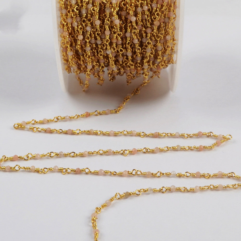 16 Feet of Natural Sunstone Faceted Beads Rosary Chains In Gold Plated, DIY Chain Jewelry Finding JT247