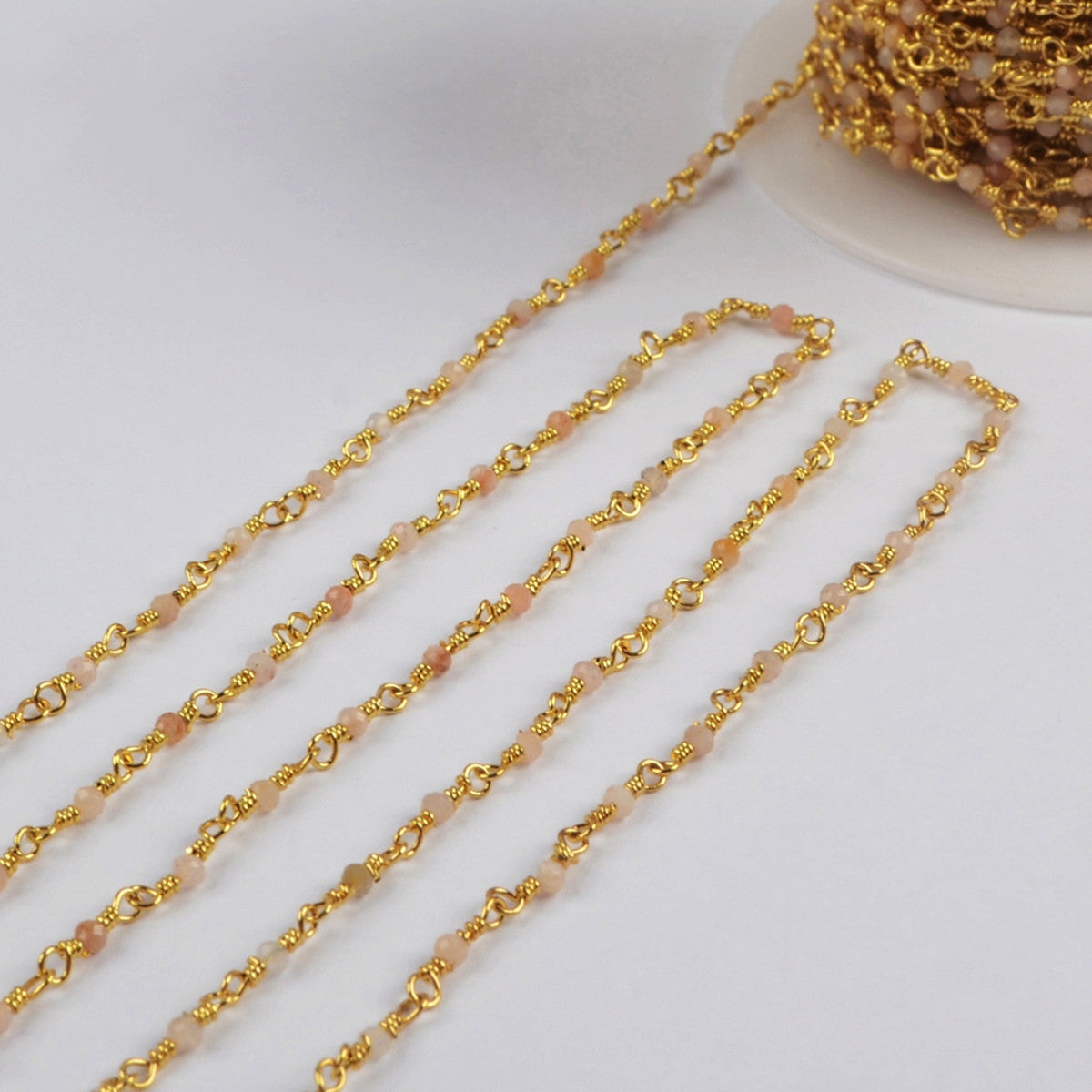 16 Feet of Natural Sunstone Faceted Beads Rosary Chains In Gold Plated, DIY Chain Jewelry Finding JT247