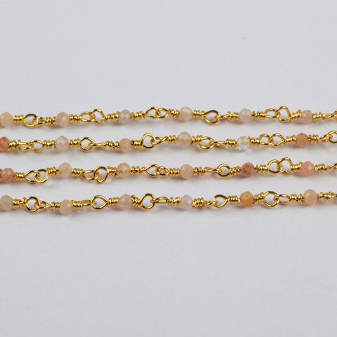 16 Feet of Natural Sunstone Faceted Beads Rosary Chains In Gold Plated, DIY Chain Jewelry Finding JT247