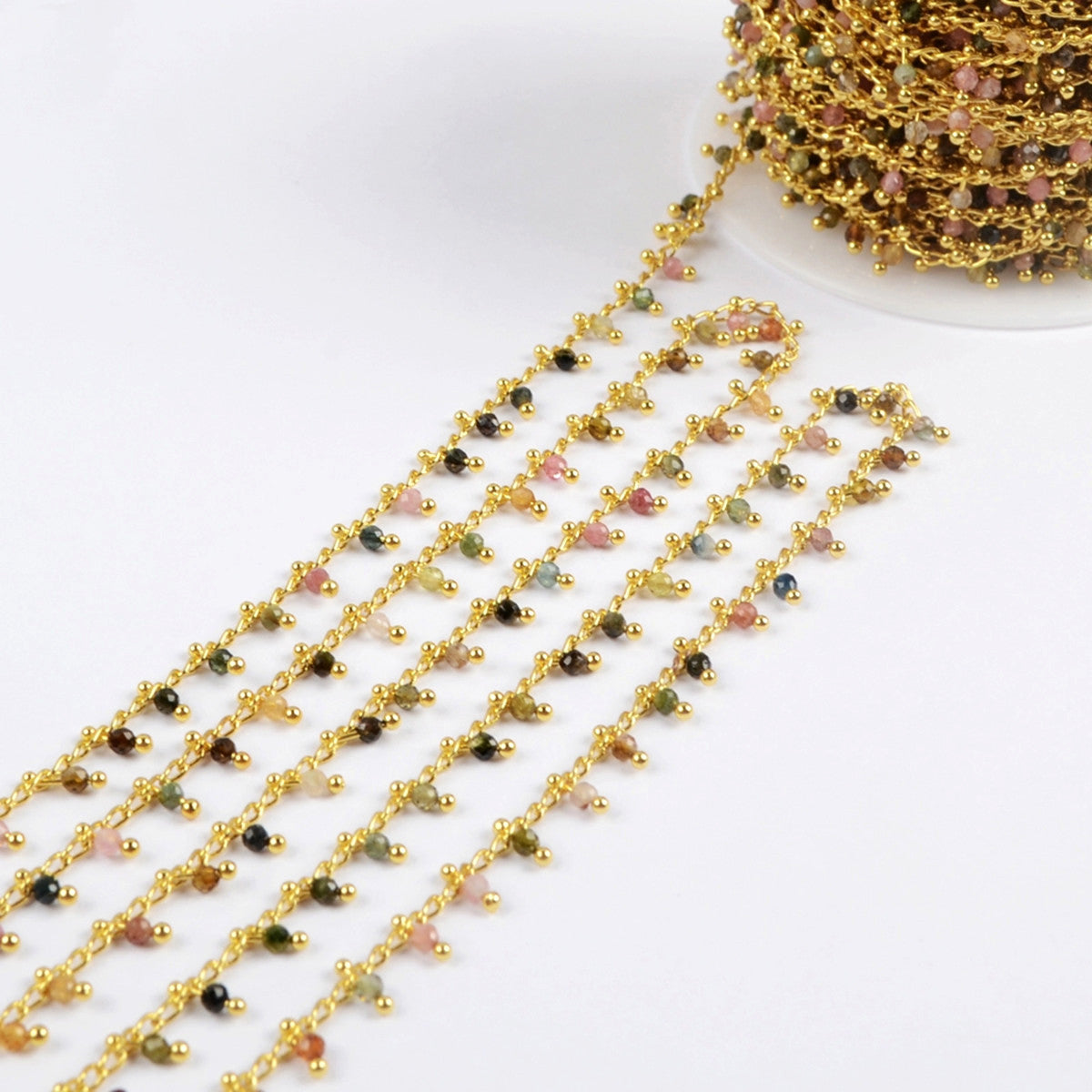 16 Feet of Rainbow Natural Tourmaline Stone Faceted Beads Rosary Chain In Gold Plated, Making Jewelry Chain Finding JT259