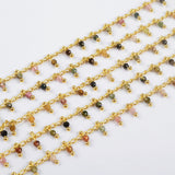 16 Feet of Rainbow Natural Tourmaline Stone Faceted Beads Rosary Chain In Gold Plated, Making Jewelry Chain Finding JT259