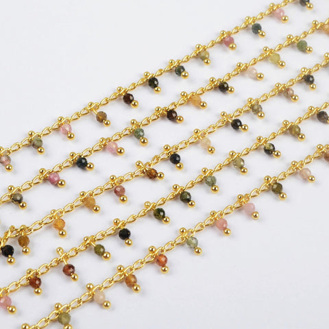 16 Feet of Rainbow Natural Tourmaline Stone Faceted Beads Rosary Chain In Gold Plated, Making Jewelry Chain Finding JT259