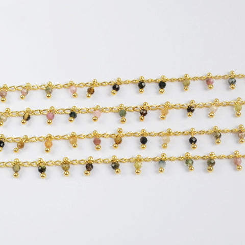 16 Feet of Rainbow Natural Tourmaline Stone Faceted Beads Rosary Chain In Gold Plated, Making Jewelry Chain Finding JT259