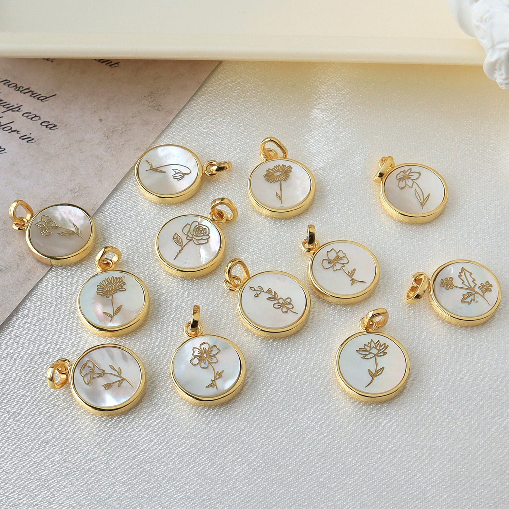 Round Gold Plated White Shell Carved Birth Month Flower Pendant, For Jewelry Making KZ009