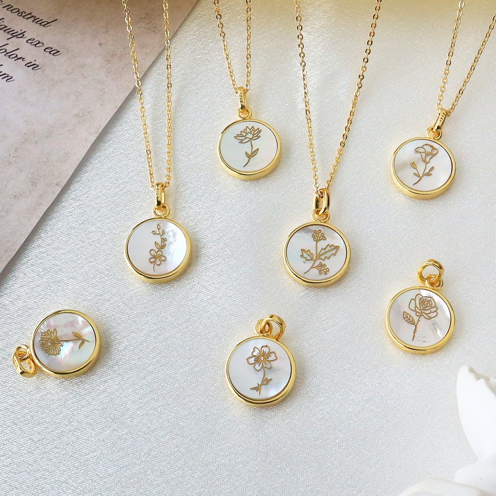 Round Gold Plated White Shell Carved Birth Month Flower Pendant, For Jewelry Making KZ009