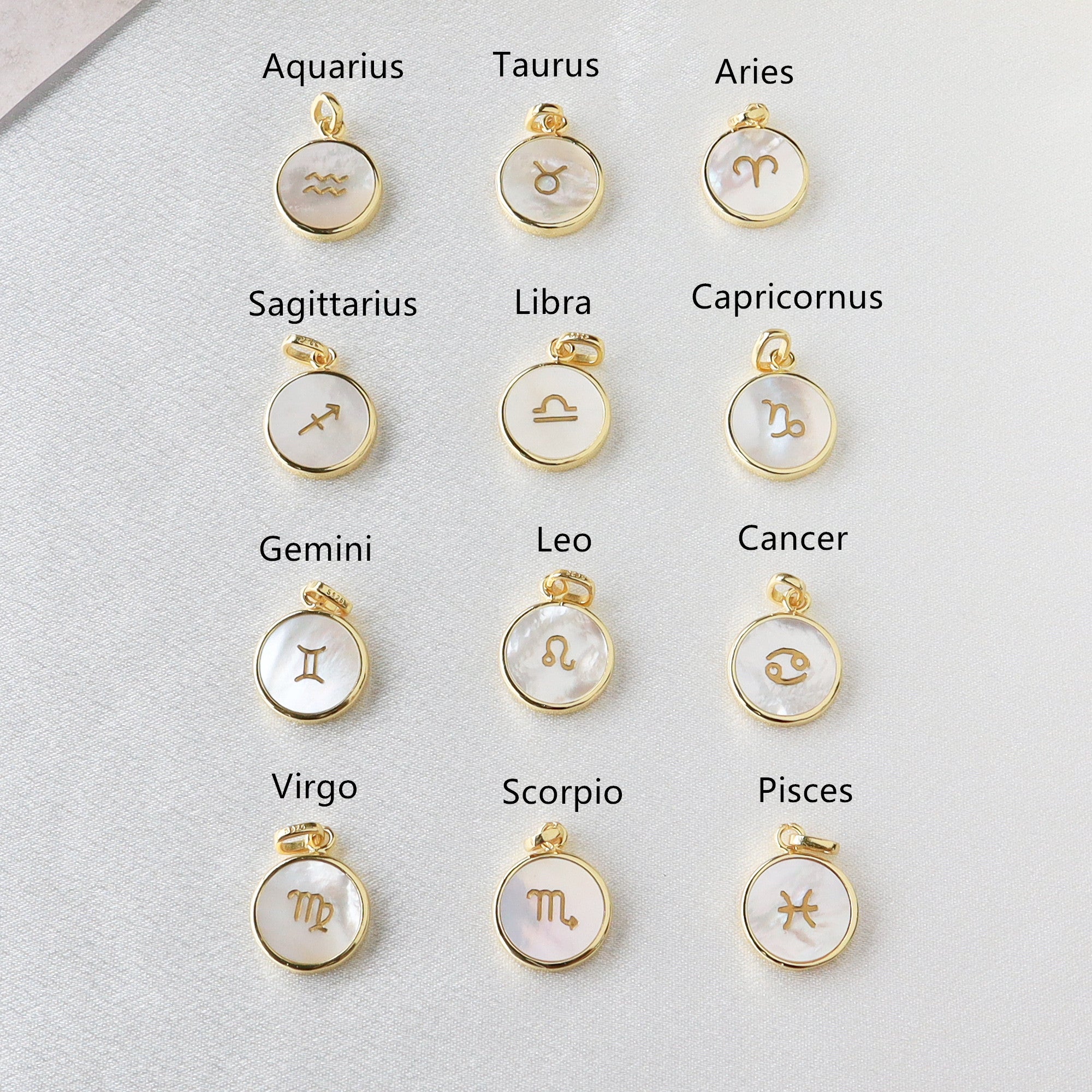 Natural White Shell Zodiac Pendant, Gold Plated, Round Shape, Carved Constellation, Sea Shell Beach Shell Coin Jewelry KZ010