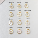 Natural White Shell Zodiac Pendant, Gold Plated, Round Shape, Carved Constellation, Sea Shell Beach Shell Coin Jewelry KZ010