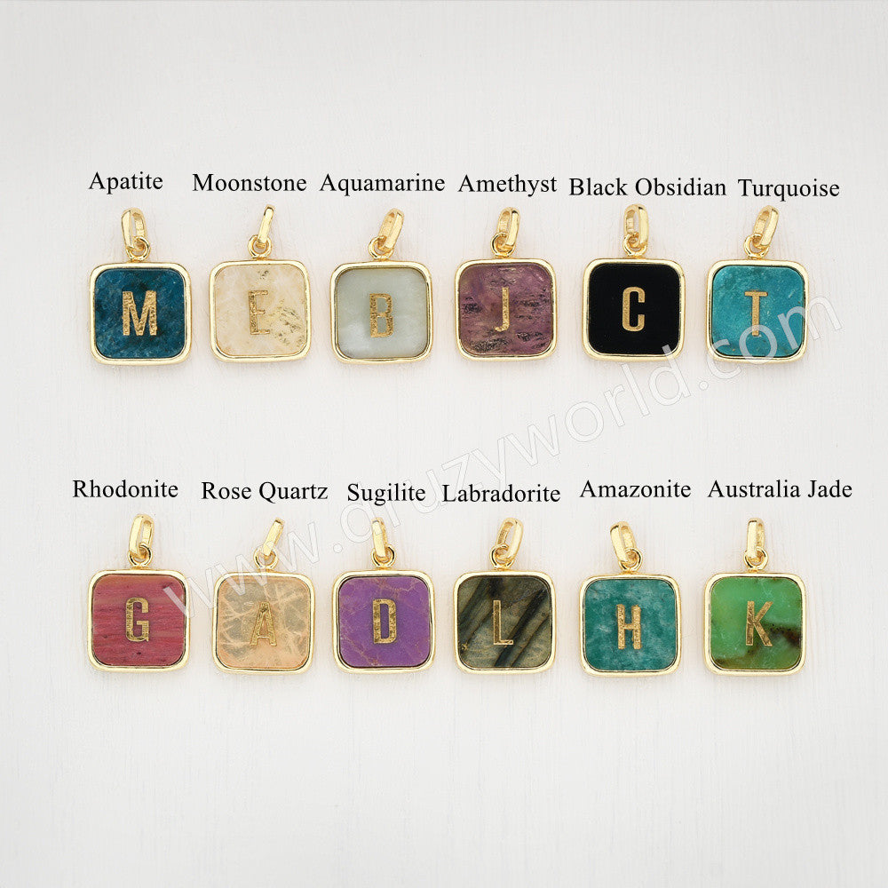 Personalized Gold Plated Bezel Square Turquoise Rainbow Gemstone Letter Pendant, For DIY Jewelry Making KZ012