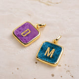 Personalized Gold Plated Bezel Square Turquoise Rainbow Gemstone Letter Pendant, For DIY Jewelry Making KZ012