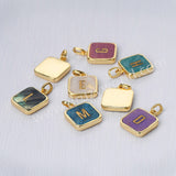 Personalized Gold Plated Bezel Square Turquoise Rainbow Gemstone Letter Pendant, For DIY Jewelry Making KZ012