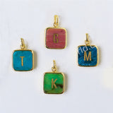 Personalized Gold Plated Bezel Square Turquoise Rainbow Gemstone Letter Pendant, For DIY Jewelry Making KZ012