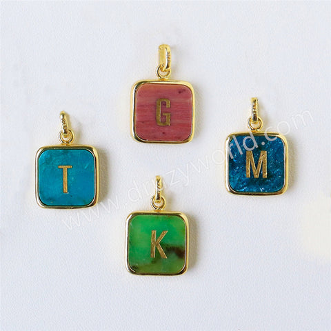 Personalized Gold Plated Bezel Square Turquoise Rainbow Gemstone Letter Pendant, For DIY Jewelry Making KZ012