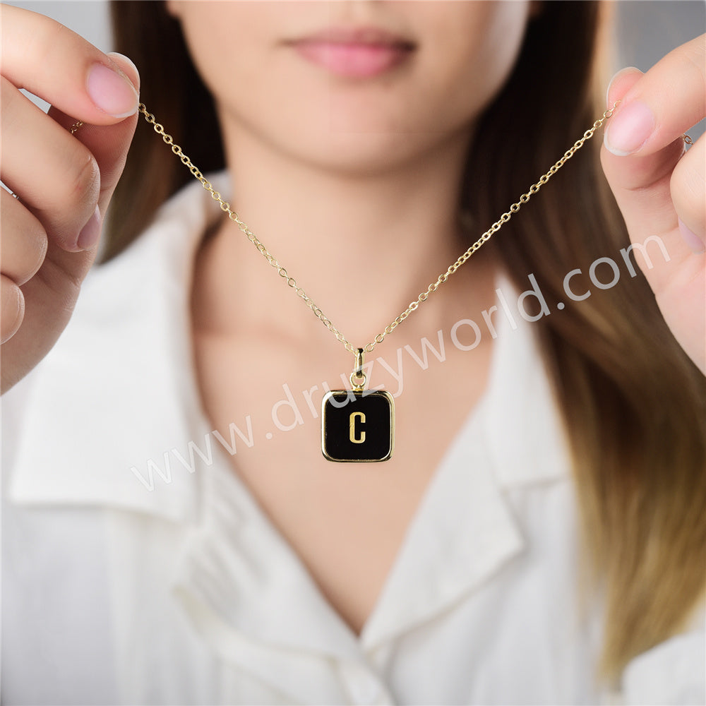 Personalized 16" Gold Plated Bezel Square Rainbow Gemstone Letter Necklace, Healing Crystal Jewelry, You choose stone and letter KZ012-N
