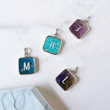 Personalized Letter Pendant, Silver Plated Bezel Square Amazonite Rose Quartz Rainbow Gemstone Letter Pendant, For DIY Jewelry Making KZ013