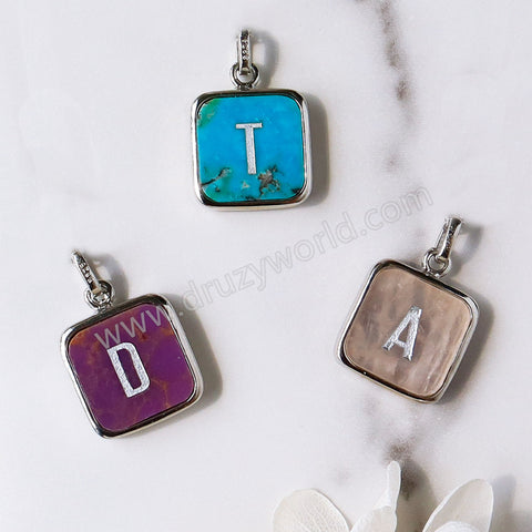 Personalized Letter Pendant, Silver Plated Bezel Square Amazonite Rose Quartz Rainbow Gemstone Letter Pendant, For DIY Jewelry Making KZ013