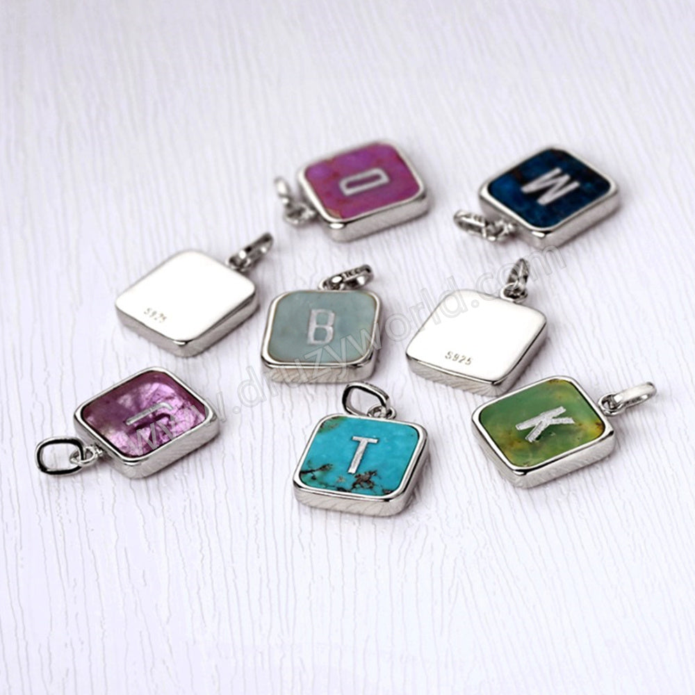 silver gemstone letter square pendant