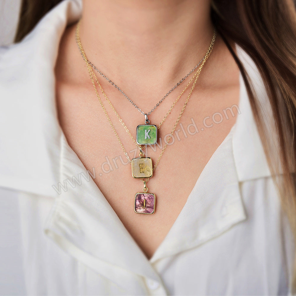 Personalized 16" Square Silver Plated Bezel Rainbow Gemstone Letter Necklace, You Choose Stone and Letter KZ013-N