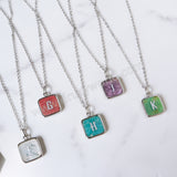 Personalized 16" Square Silver Plated Bezel Rainbow Gemstone Letter Necklace, You Choose Stone and Letter KZ013-N