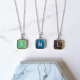 Personalized 16" Square Silver Plated Bezel Rainbow Gemstone Letter Necklace, You Choose Stone and Letter KZ013-N