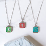 Personalized 16" Square Silver Plated Bezel Rainbow Gemstone Letter Necklace, You Choose Stone and Letter KZ013-N