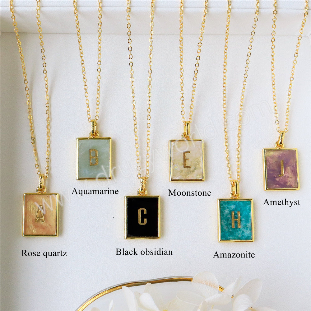 Personalized 16" Gold Plated Bezel Rectangle Amethyst Rose Quartz Turquoise Gemstone Letter Necklace, Custom Letter Jewelry KZ014-N