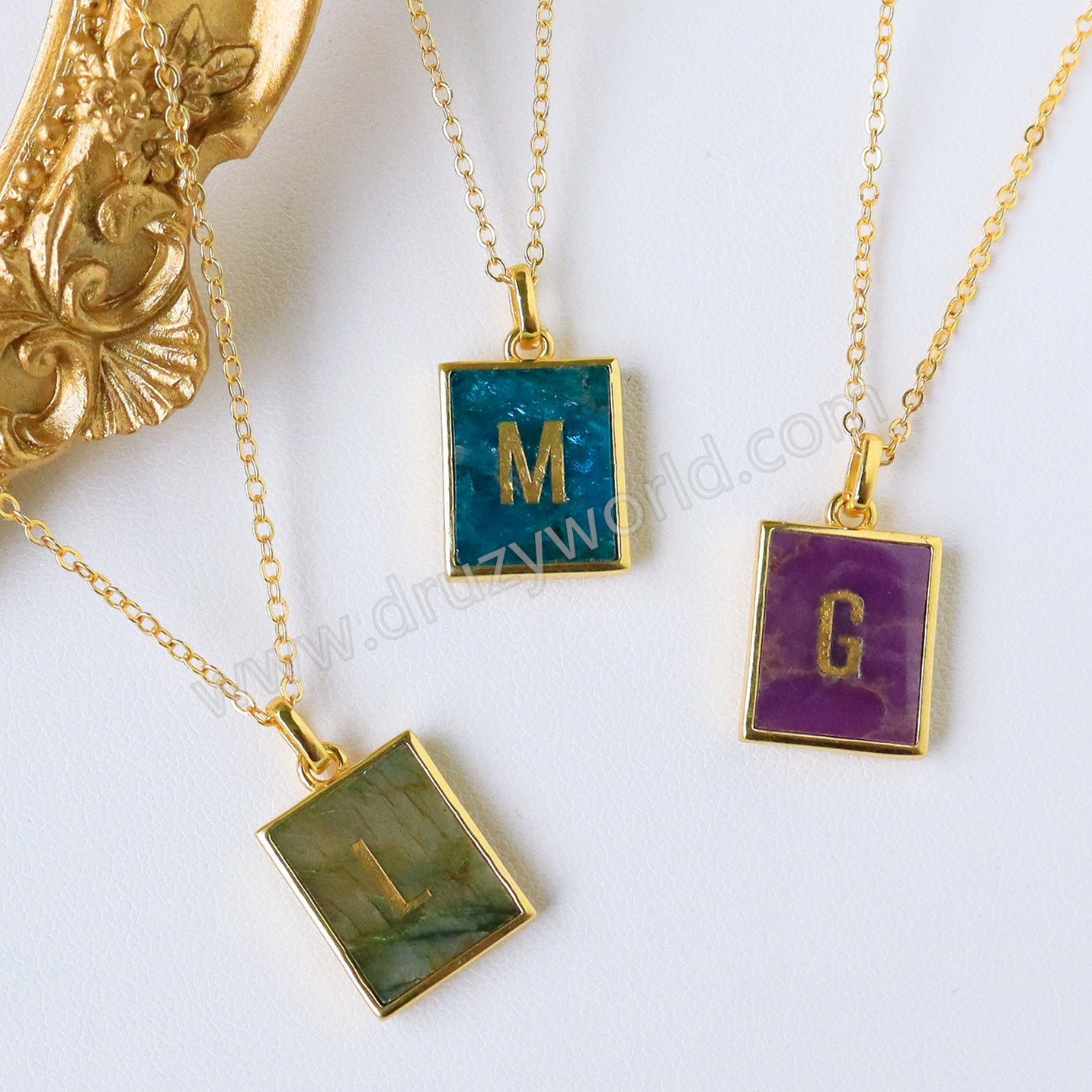 Personalized 16" Gold Plated Bezel Rectangle Amethyst Rose Quartz Turquoise Gemstone Letter Necklace, Custom Letter Jewelry KZ014-N