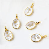 Gold Plated Bezel Oval White Shell Birth Flower Pendant, Personalized Month Flower Charm, For Jewelry Making KZ027