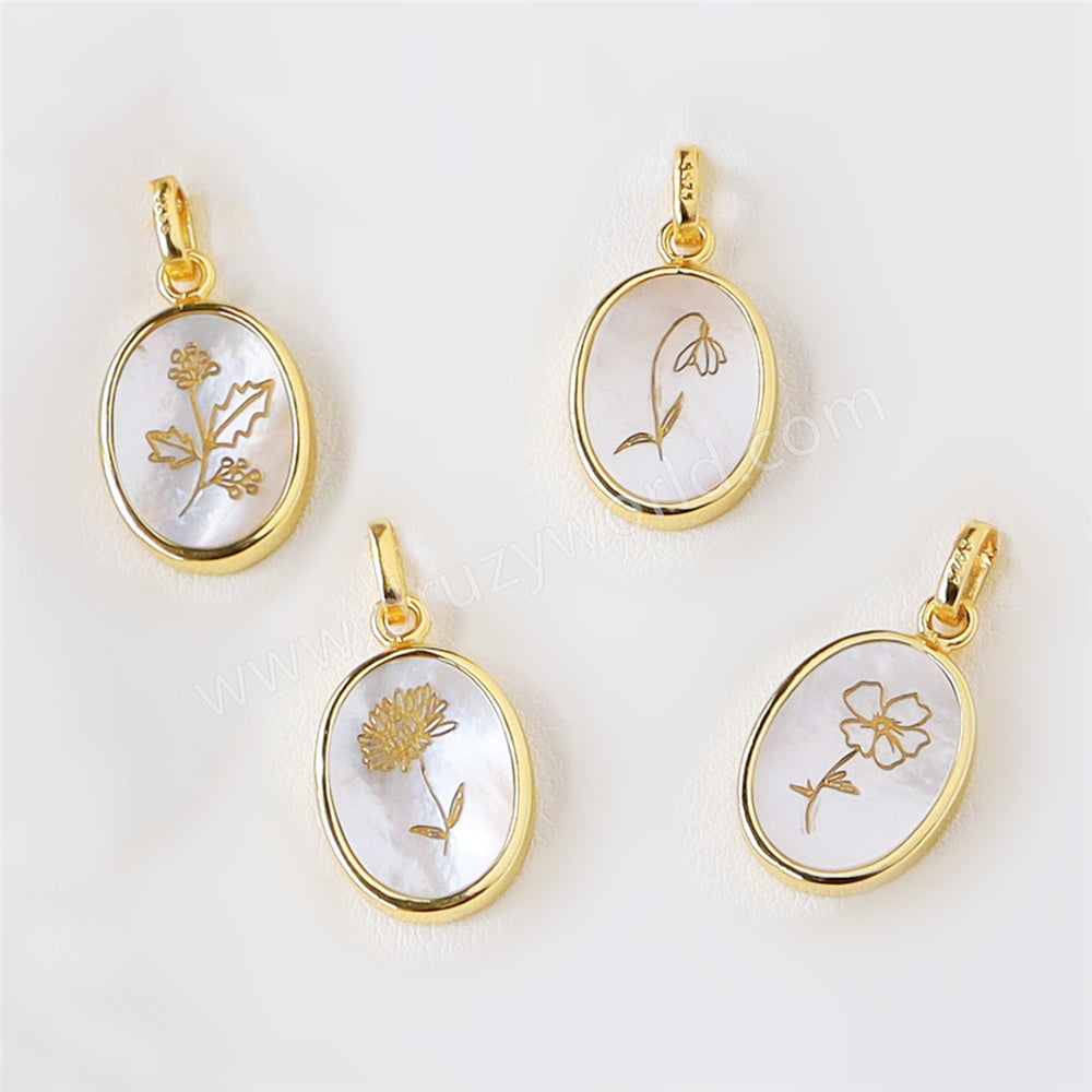 Gold Plated Bezel Oval White Shell Birth Flower Pendant, Personalized Birthflower, For Jewelry Making KZ027