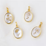 Gold Plated Bezel Oval White Shell Birth Flower Pendant, Personalized Month Flower Charm, For Jewelry Making KZ027