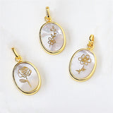 Gold Plated Bezel Oval White Shell Birth Flower Pendant, Personalized Month Flower Charm, For Jewelry Making KZ027