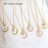 Gold Plated Bezel Oval White Shell Birth Flower Pendant, Personalized Month Flower Charm, For Jewelry Making KZ027