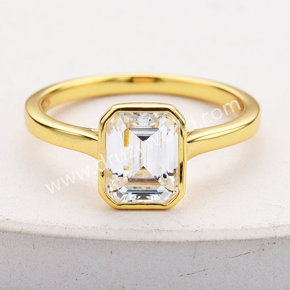 2 CT - Emerald Cut Moissanite Diamond Engagement Ring, 925 Sterling Silver Bezel Ring MS002