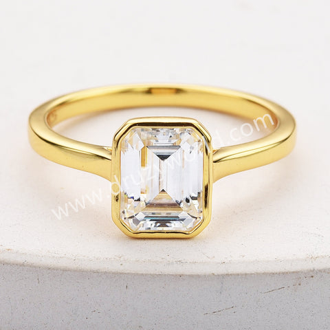 2 CT - Emerald Cut Moissanite Diamond Engagement Ring, 925 Sterling Silver Bezel Ring MS002