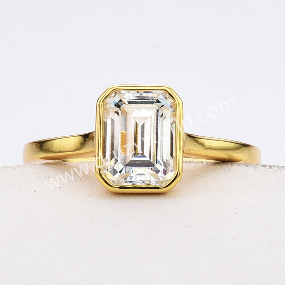 2 CT - Emerald Cut Moissanite Diamond Engagement Ring, 925 Sterling Silver Bezel Ring MS002