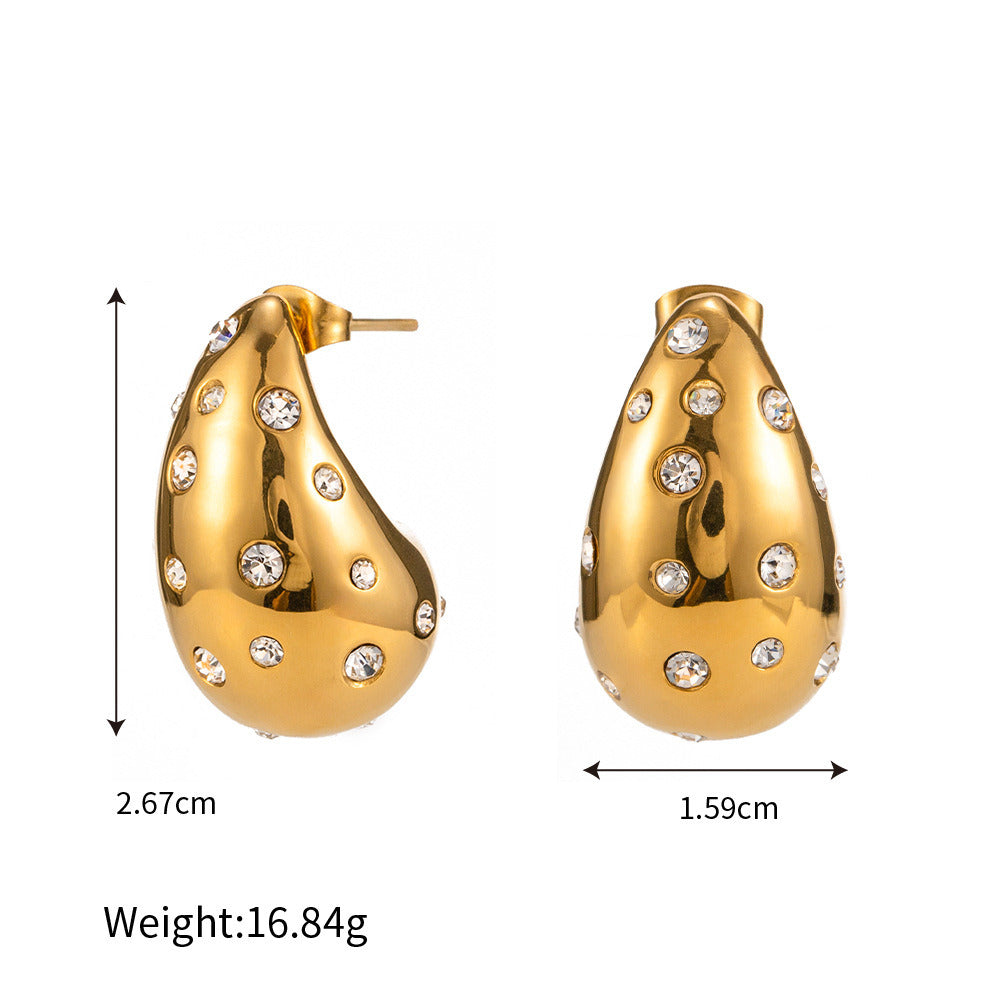 New 18K Gold Titanium Steel CZ Pave Chubby Drop Earrings, Fashion Jewelry AL679